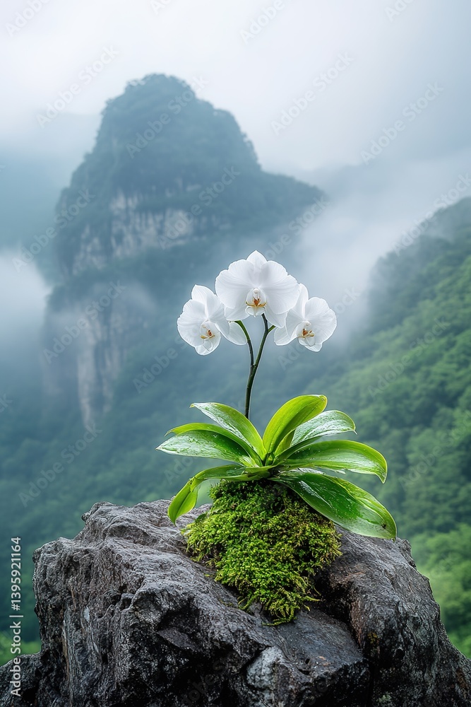 Delicate white Phalaenopsis orchids with yellow centers blooming on moss-covered rock in foggy mountain environment, close-up