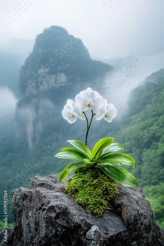 Obraz na płótnie Delicate white Phalaenopsis orchids with yellow centers blooming on moss-covered rock in foggy mountain environment, close-up w salonie