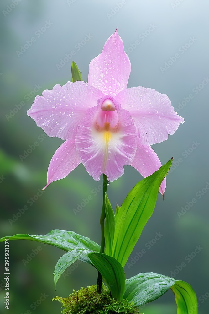 Elegant soft pink Sobralia orchid with yellow-white center, covered in dew drops, on green stem with leaves against blurred natural background