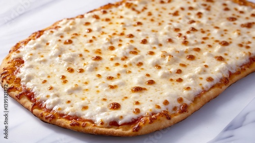 Flatbread style cheese pizza with a thin crispy crust on white