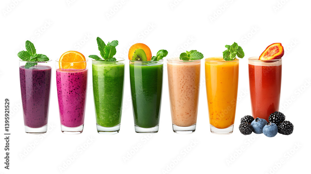 Fototapeta premium Pack Smoothies Set in Different Poses Against Transparent Background for Healthy Eating, Nutrition, or Beverage Branding