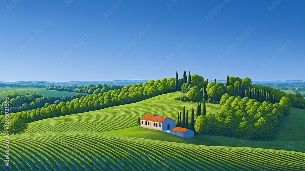 Idyllic Tuscan landscape with green hills, vineyards and cozy house under clear blue sky, embodying tranquility and rural harmony