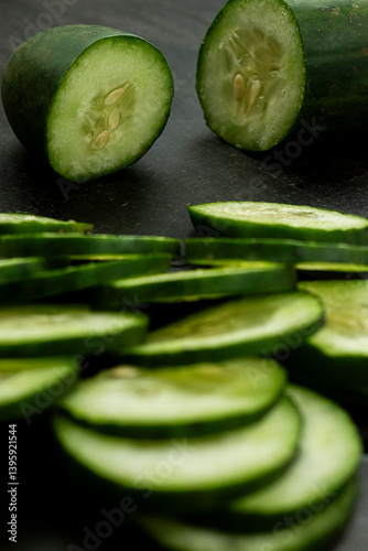 Close-up of sliced fresh cucumbers arranged on a dark background highlighting their texture and freshness, copy space.