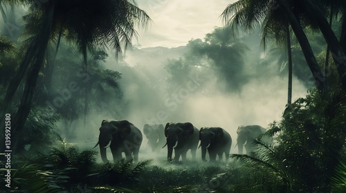 Elephants in the Jungle: A majestic herd of elephants journeys through a misty, vibrant jungle, their silhouettes creating a sense of awe and wonder within the rich tropical forest.