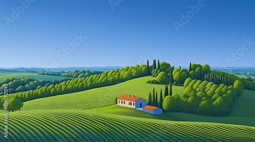 Obraz na płótnie Idyllic Tuscan landscape with green hills, vineyards and cozy house under clear blue sky, embodying tranquility and rural harmony w salonie