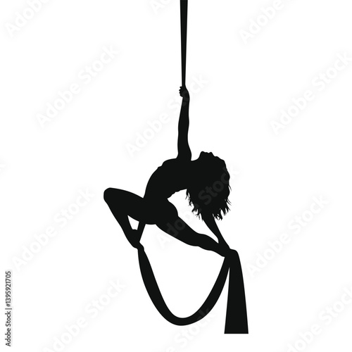 Graceful Silhouette of an Aerialist in Mid-Pose/A striking black silhouette of an aerialist suspended in mid-air, showcasing a dynamic pose while holding onto aerial silks.