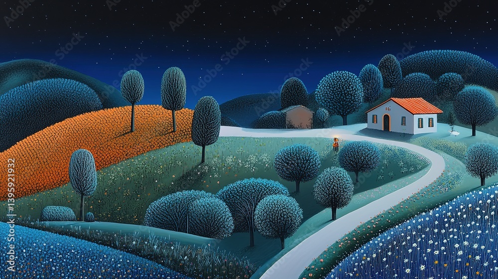 Calm night landscape with cozy house surrounded by stylized hills, trees and blooming fields under starry sky, radiating sense of peace and fairytale atmosphere