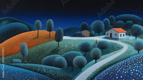 Obraz na płótnie Calm night landscape with cozy house surrounded by stylized hills, trees and blooming fields under starry sky, radiating sense of peace and fairytale atmosphere w salonie