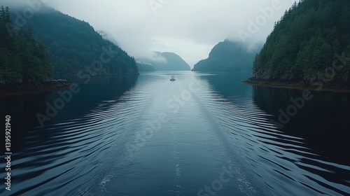 Misty fjord with lone sailboat.  Tranquil waterway surrounded by lush, foggy mountains
