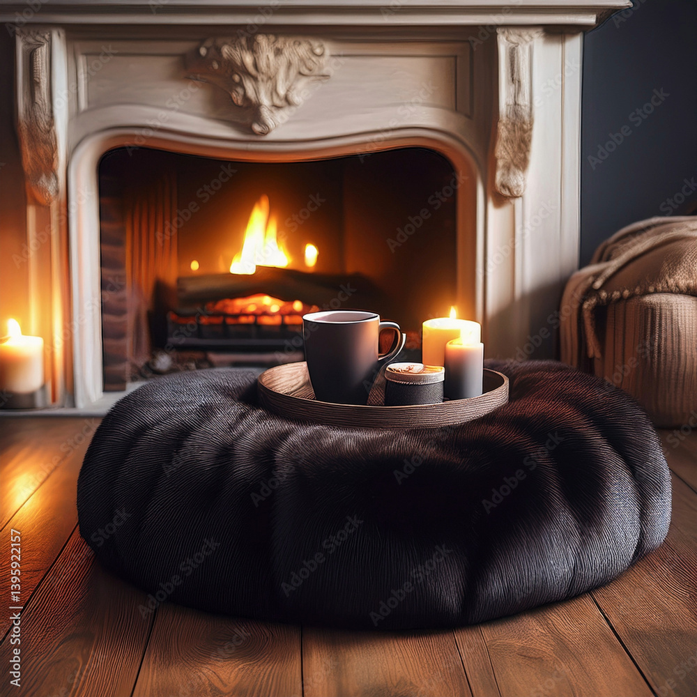 Naklejka premium Wunderschönes, schwarzes Sitzkissen aus Lammfell auf einem Holzboden vor einem Kamin