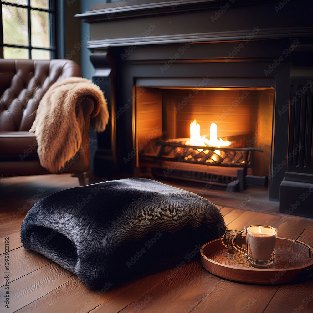 Naklejka premium Wunderschönes, schwarzes Sitzkissen aus Lammfell auf einem Holzboden vor einem Kamin