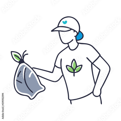 Volunteer collecting trash in eco-friendly outfit