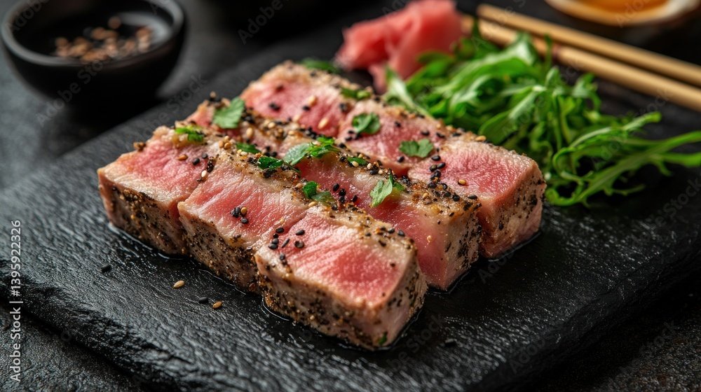 Seared tuna steak with herbs and spices on a slate plate. Freshly prepared and ready to eat. Garnished with microgreens Seared tuna steak with herbs and spices on a slate plate. Freshly prepared and ready to eat. Garnished with microgreens