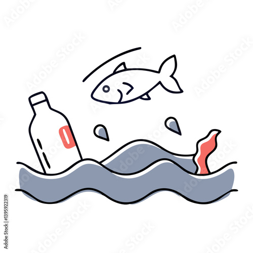 Ocean pollution with fish and plastic in flat style