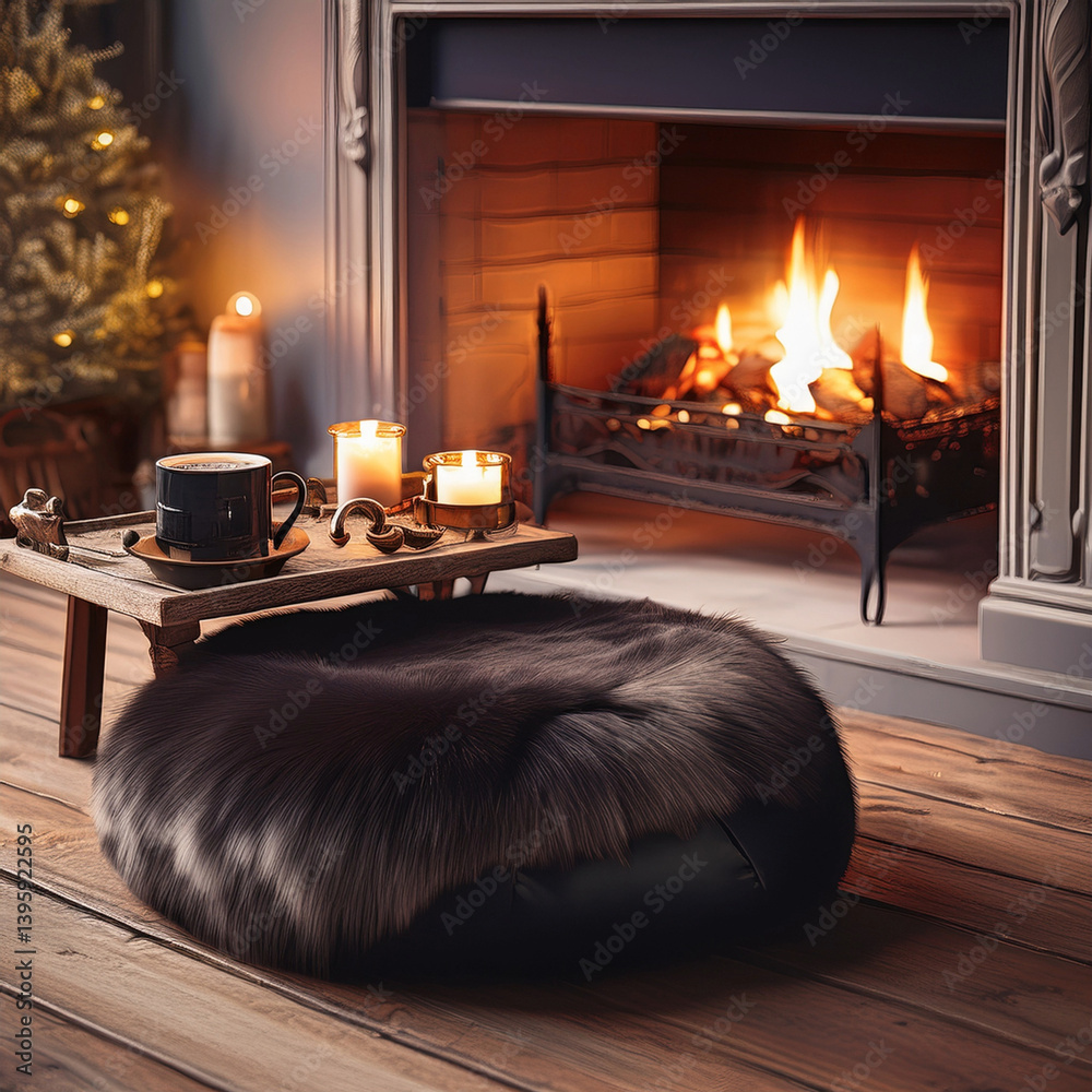 Naklejka premium Wunderschönes, schwarzes Sitzkissen aus Lammfell auf einem Holzboden vor einem Kamin