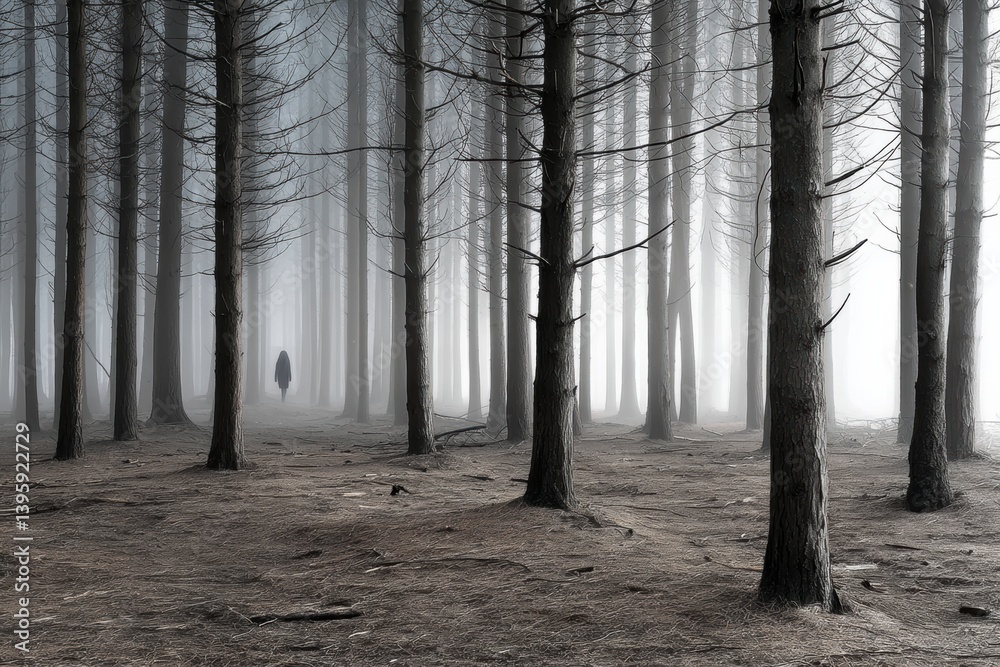 Naklejka premium Misty forest in Galicia with a shadowy figure emerging through the fog at dawn