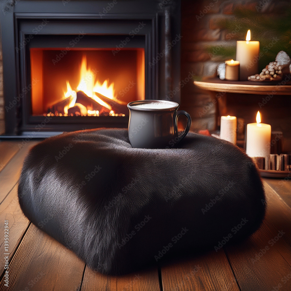 Naklejka premium Wunderschönes, schwarzes Sitzkissen aus Lammfell auf einem Holzboden vor einem Kamin