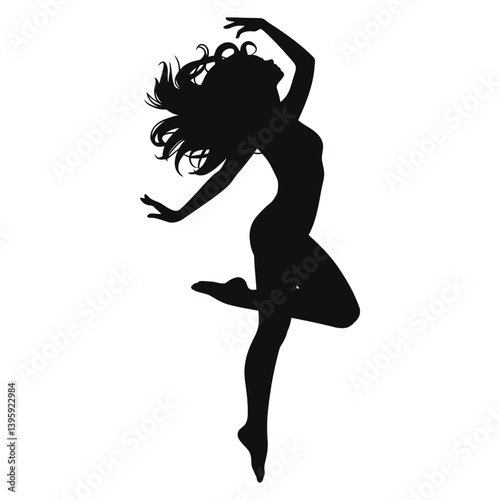 Graceful Silhouette of a Dancing Woman/A dynamic black silhouette of a woman mid-leap, performing a graceful dance move.