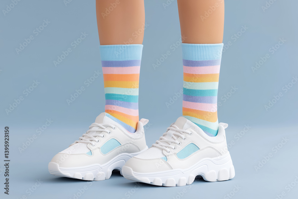 trendy white chunky sneakers paired with colorful pastel striped socks on blue studio background