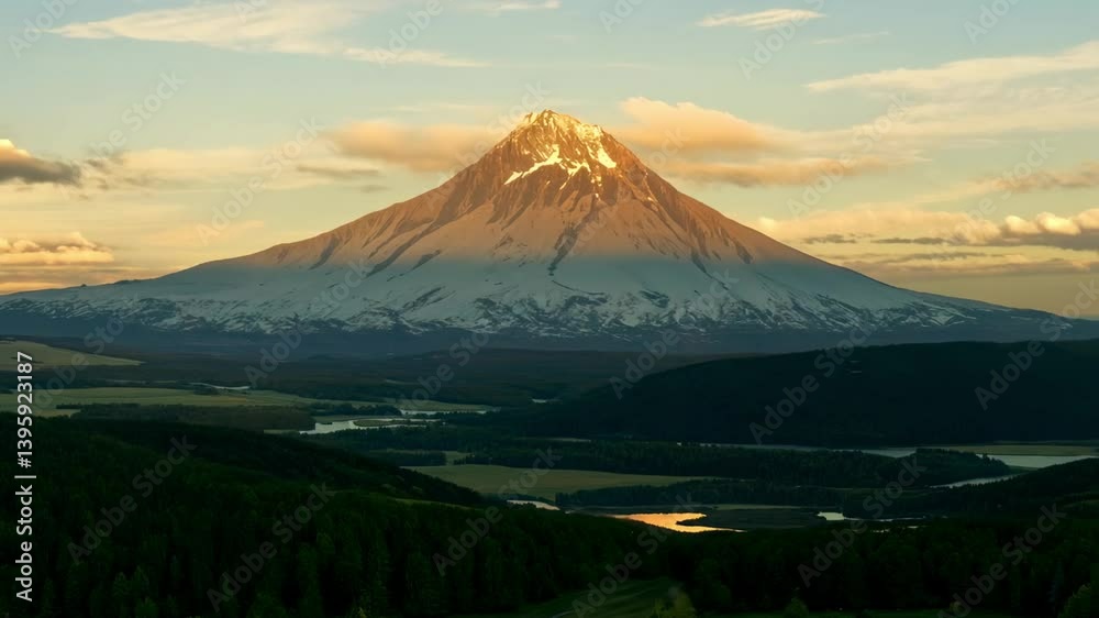 A majestic snow-capped mountain rises above lush green hills and a serene landscape. A majestic snow-capped mountain rises above lush green hills and a serene landscape.