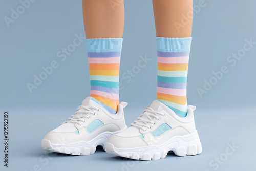 Obraz na płótnie trendy white chunky sneakers paired with colorful pastel striped socks on blue studio background w salonie