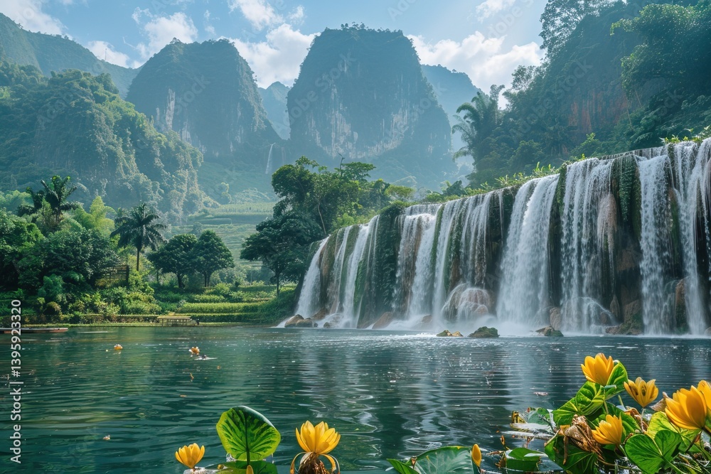 Tropical landscape with rocks and waterfalls in the middle of greenery on a sunny day