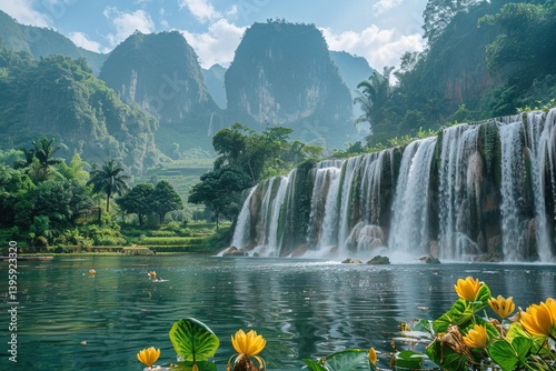 Obraz na płótnie Tropical landscape with rocks and waterfalls in the middle of greenery on a sunny day w salonie