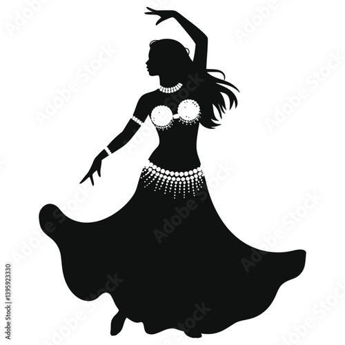 Graceful Silhouette of a Belly Dancer/A captivating black silhouette of a belly dancer in mid-performance against a light gray background.