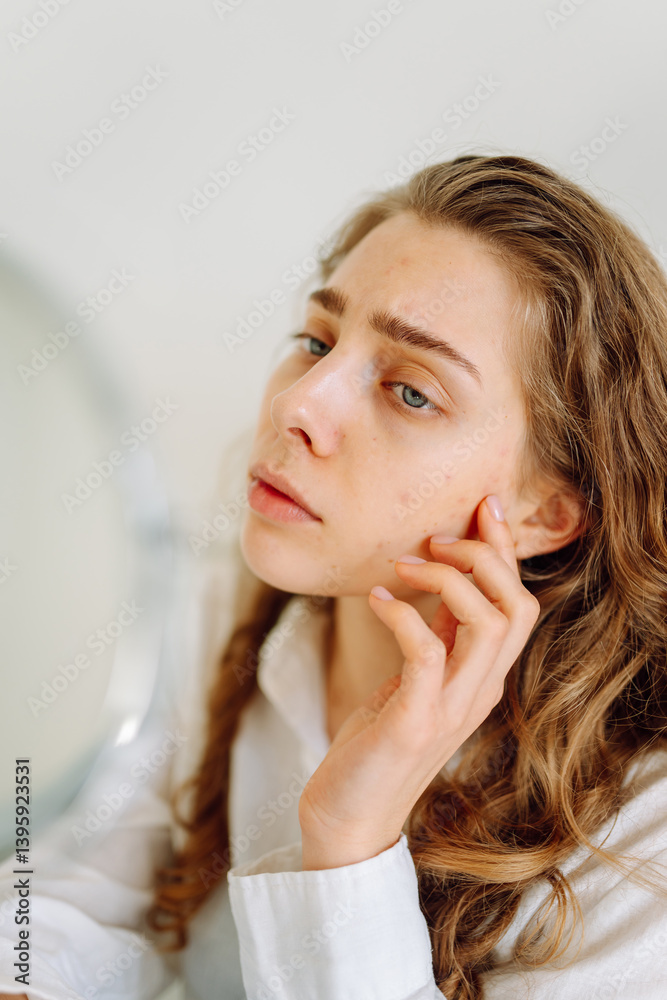 Portrait of young woman looking at her reflection in a small mirror, adjusting her hair. Beautiful woman touches her skin, examines pimples. Concept of skin care, beauty, naturalness. Portrait of young woman looking at her reflection in a small mirror, adjusting her hair. Beautiful woman touches her skin, examines pimples. Concept of skin care, beauty, naturalness.