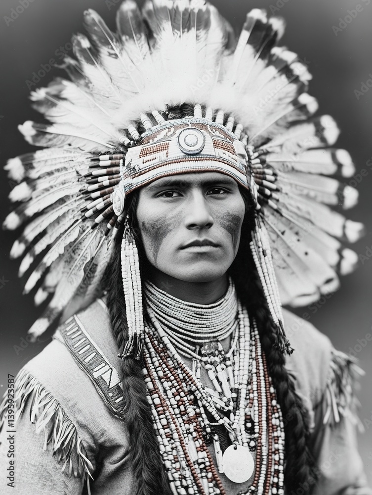 Monochrome portrait of young Native American chief in impressive feather headdress and traditional adornments, reflecting his dignity and cultural heritage