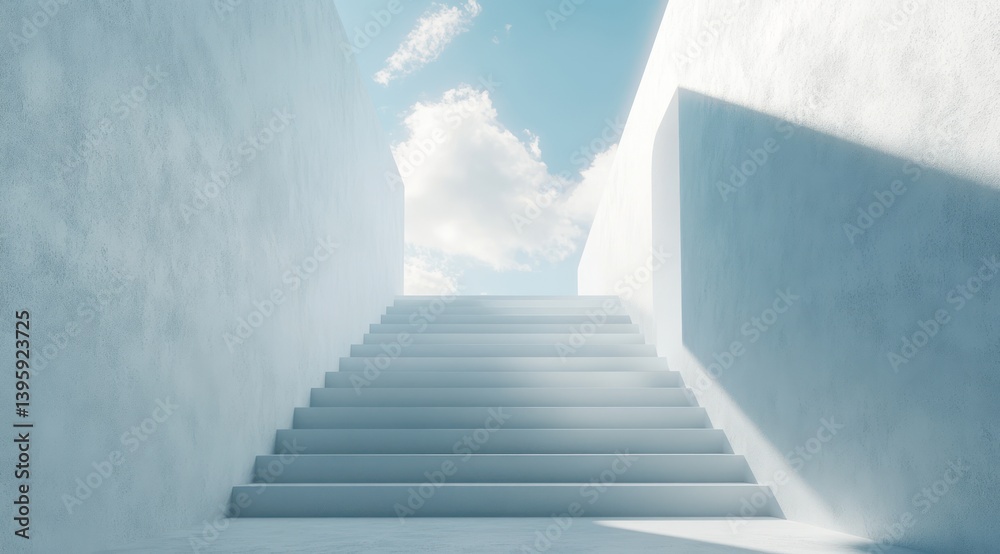 Obraz premium of a white staircase leading up to a blue sky with clouds, an empty wall background