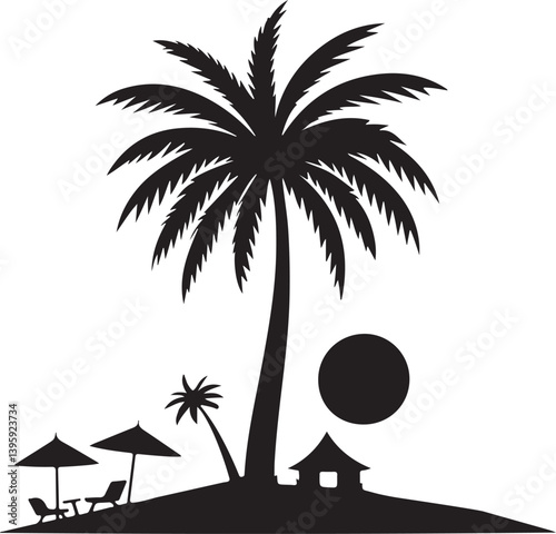 A tranquil tropical island escape, featuring a majestic palm tree, beach umbrellas, and a setting sun in bold black silhouettes.