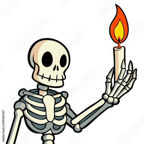 A friendly skeleton gently holds a flickering candle, a whimsical scene of spooky charm with bold outlines and vibrant colors.
