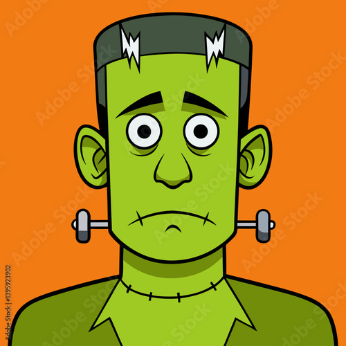 A melancholic Frankenstein's monster, thoughtfully gazing, showcasing a vintage cartoon style with bold outlines and a vibrant orange background.