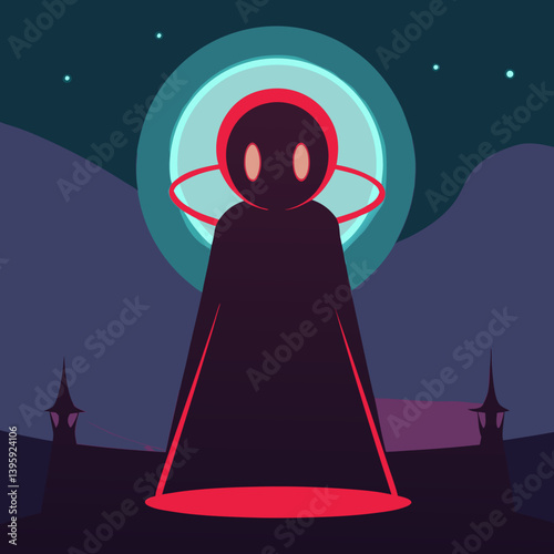 A mysterious alien visitor arrives under a vibrant night sky, casting a red glow on a quaint village, its spaceship a beacon of intrigue.