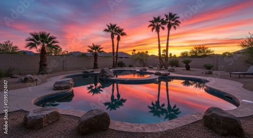 Fototapeta Naklejka Na Ścianę i Meble -  Beautiful sunset reflecting in a pool surrounded by palm trees and desert landscape creating a serene scene