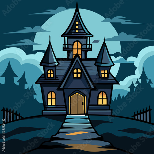 A mysterious haunted mansion stands silhouetted against a full moon, its glowing windows hinting at secrets within, under a dark, starry sky.
