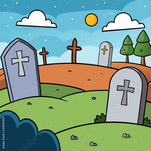 A peaceful graveyard scene under a bright sun and starry night, showcasing simple cartoon tombstones on rolling green hills.