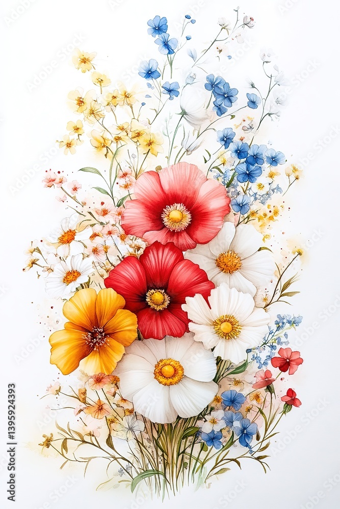 Elegant bouquet of various garden flowers in pastel and vibrant hues, including poppies, daisies and cornflowers, delicately tied on white background, emphasizing their natural beauty and grace