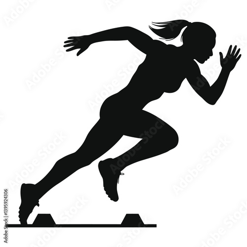 Silhouette of a female sprinter at the starting blocks./A powerful silhouette of a female athlete in a dynamic sprinting position, poised to launch from the starting blocks.