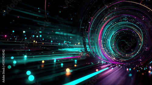 Spiraling Chromatic Vortex with Neon Light Streaks and Digital Distortion in Abstract High-Tech Motion
