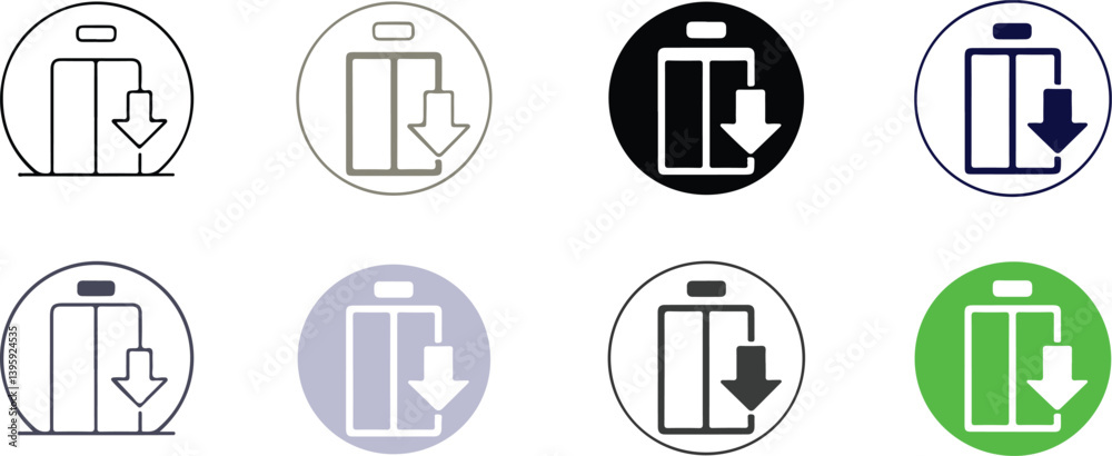 Vector illustration of a downward elevator icon with various color variations, symbolizing transport, vertical movement, and accessibility in modern designs Vector illustration of a downward elevator icon with various color variations, symbolizing transport, vertical movement, and accessibility in modern designs