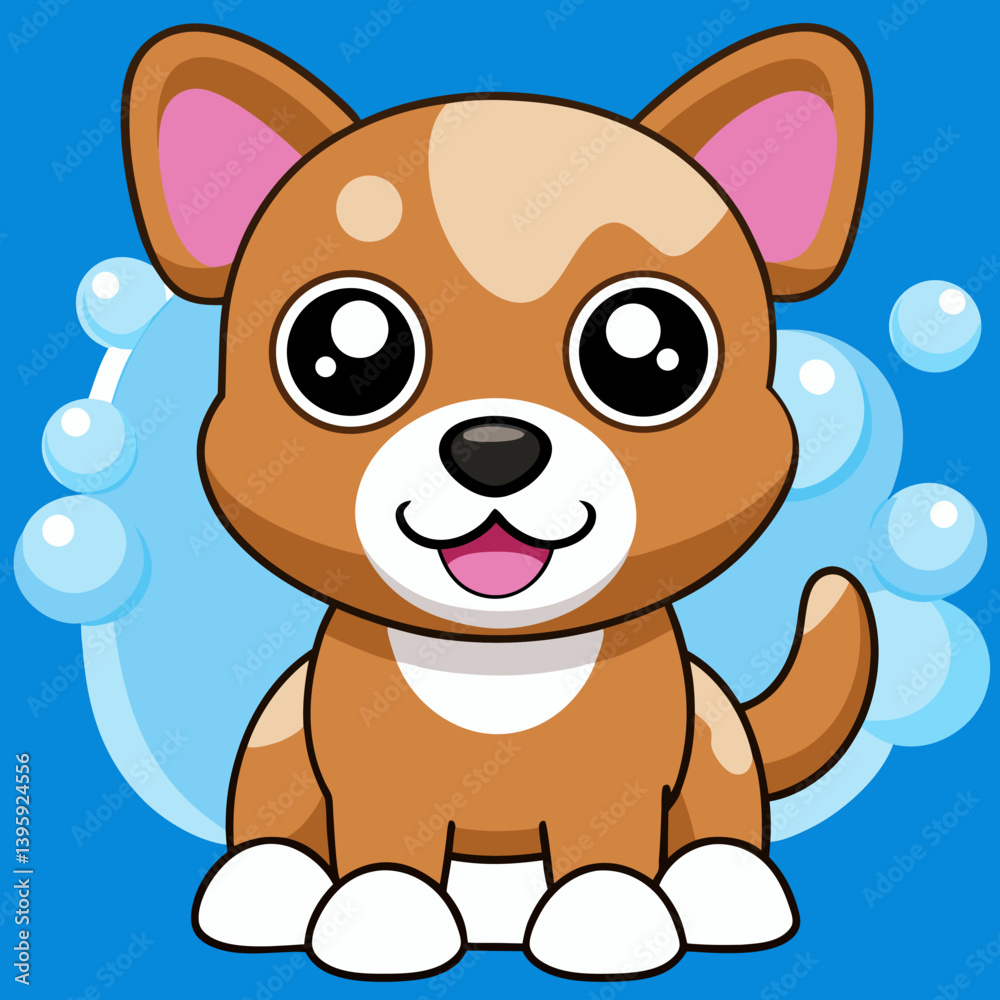 A sweet little puppy, freshly bathed and sparkling clean, sits amidst cheerful blue bubbles, radiating joy and playful innocence with large, expressive eyes and a happy smile. A sweet little puppy, freshly bathed and sparkling clean, sits amidst cheerful blue bubbles, radiating joy and playful innocence with large, expressive eyes and a happy smile.
