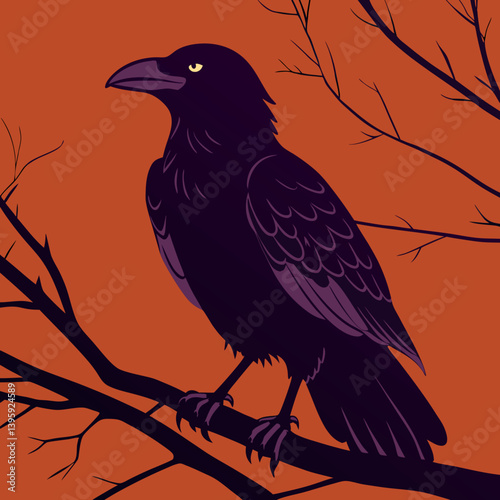 A watchful raven perched on a bare branch against a fiery sunset, its dark plumage highlighted in bold silhouettes against warm orange tones.