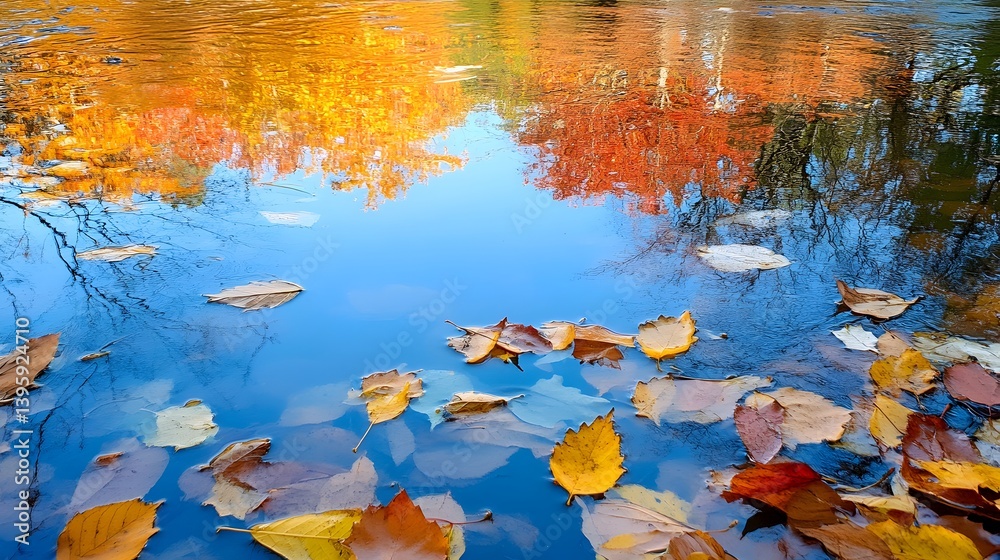 Autumn Reflections: A serene scene of autumn leaves floating on calm water, mirroring the vibrant hues of the trees and sky above, creating a sense of tranquility and seasonal beauty.