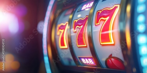 Glowing, classic, casino slot machine reel with lucky number seven winning the jackpot.
