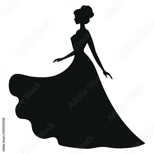 Elegant Silhouette of a Woman in a Ball Gown/A stylish, black silhouette of a woman in a flowing ball gown, presented against a plain white background.