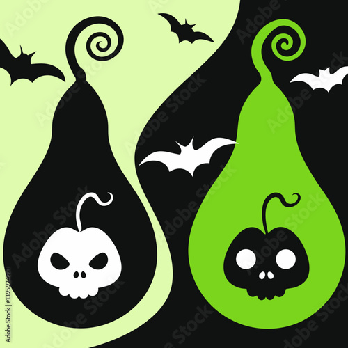 Spooky Halloween gourds with swirling stems and mischievous bats, against a vibrant lime and black background.