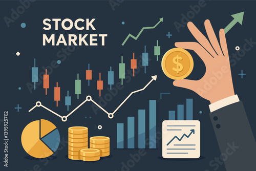 Coin and financial charts stock market illustration. Flat vector illustration