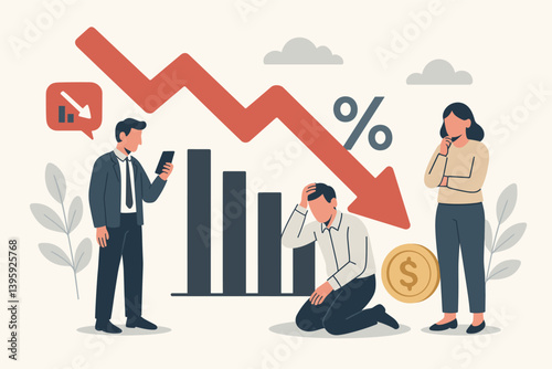 Worried business team facing a stock market downturn. Stock market recession concept. Trendy vector illustration